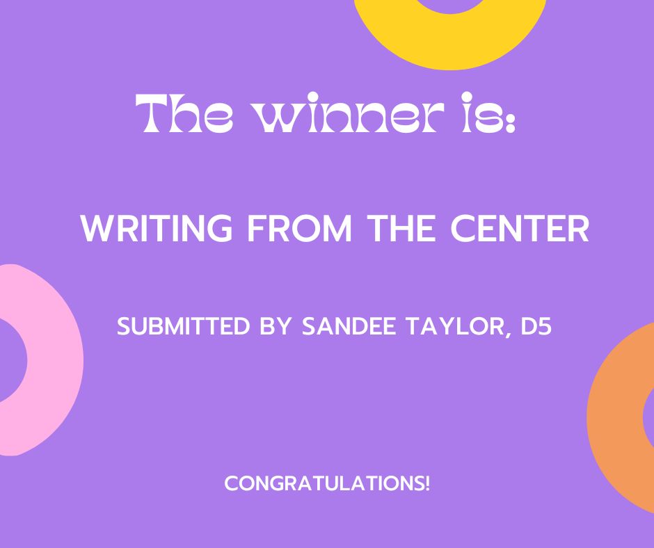 purple graphic: The winner of the Name our Zine contest is Sandee Taylor.